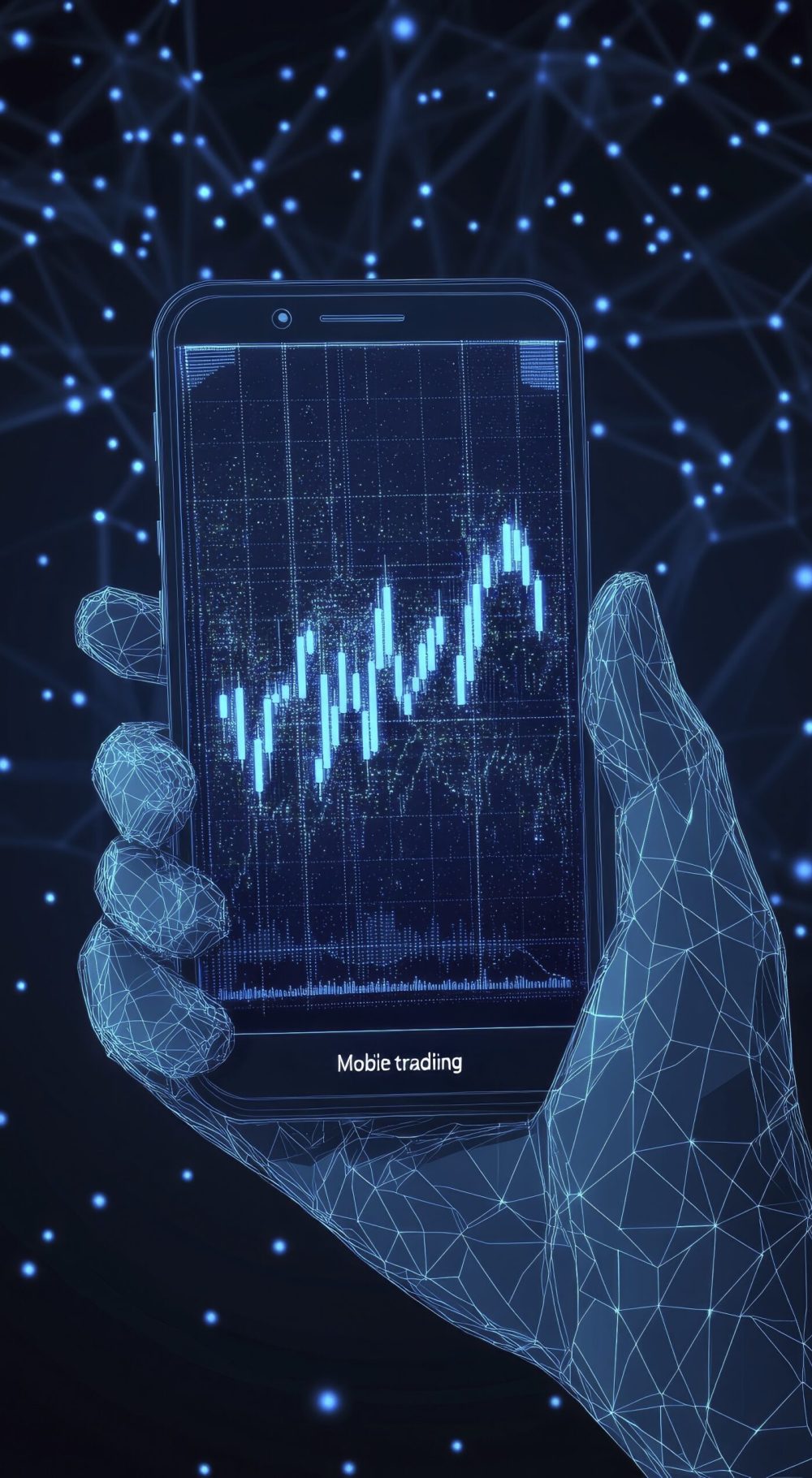 a hand holding a phone with a stock candlestick chart and line graph, against blue data connection background with text Mobile trading